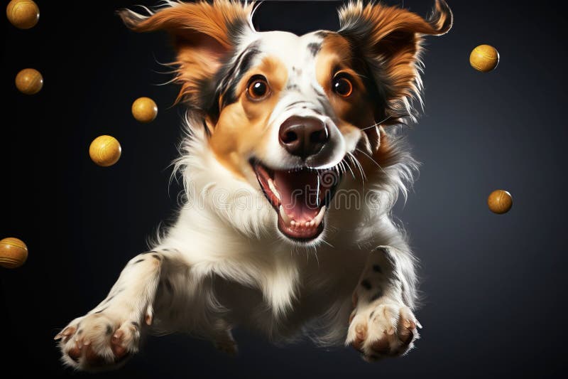 Ein fröhlicher Hund, der sich mit der Zunge nach Essen holt. Schwarzhintergrundisolat. ai generiert. stockbild