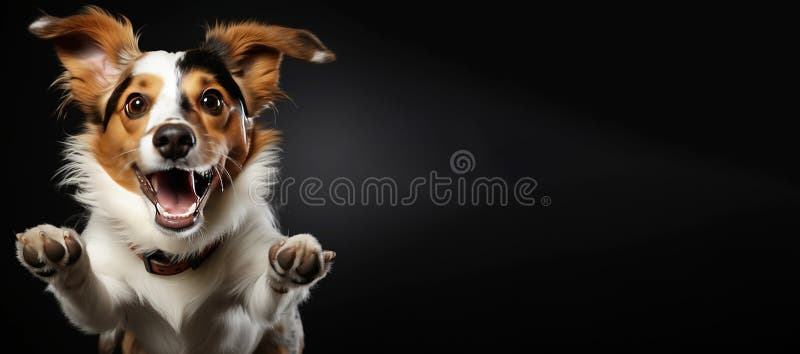 Ein fröhlicher Hund, der sich mit der Zunge nach Essen holt. Schwarzhintergrundisolat. ai generiert. lizenzfreie stockbilder