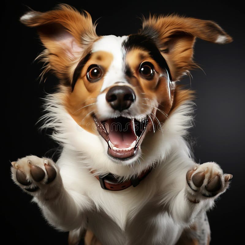 Ein fröhlicher Hund, der sich mit der Zunge nach Essen holt. Schwarzhintergrundisolat. ai generiert. lizenzfreie stockbilder