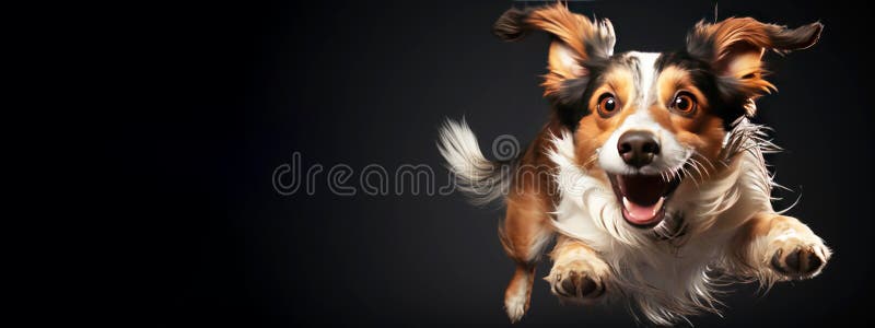 Ein fröhlicher Hund, der sich mit der Zunge nach Essen holt. Schwarzhintergrundisolat. ai generiert. lizenzfreies stockfoto