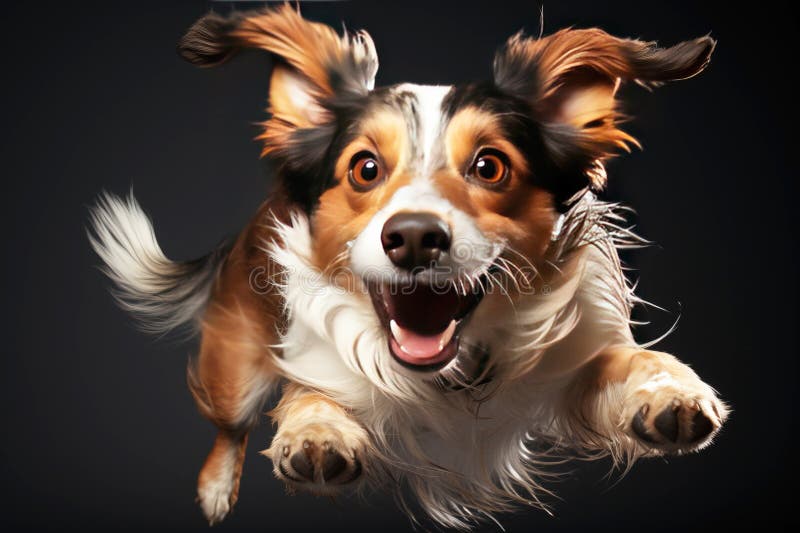 Ein fröhlicher Hund, der sich mit der Zunge nach Essen holt. Schwarzhintergrundisolat. ai generiert. lizenzfreies stockfoto