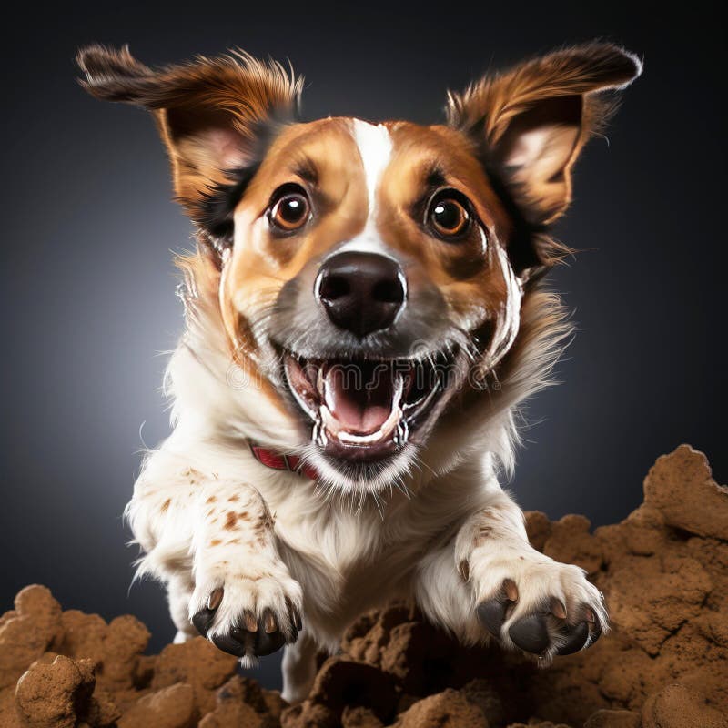Ein fröhlicher Hund, der sich mit der Zunge nach Essen holt. Schwarzhintergrundisolat. . stockfoto