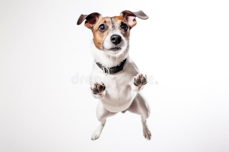 Ein fröhlicher Hund, der sich mit der Zunge nach Essen holt. weiße Hintergrundisolierung und Schließung. ai generiert. lizenzfreie stockfotos