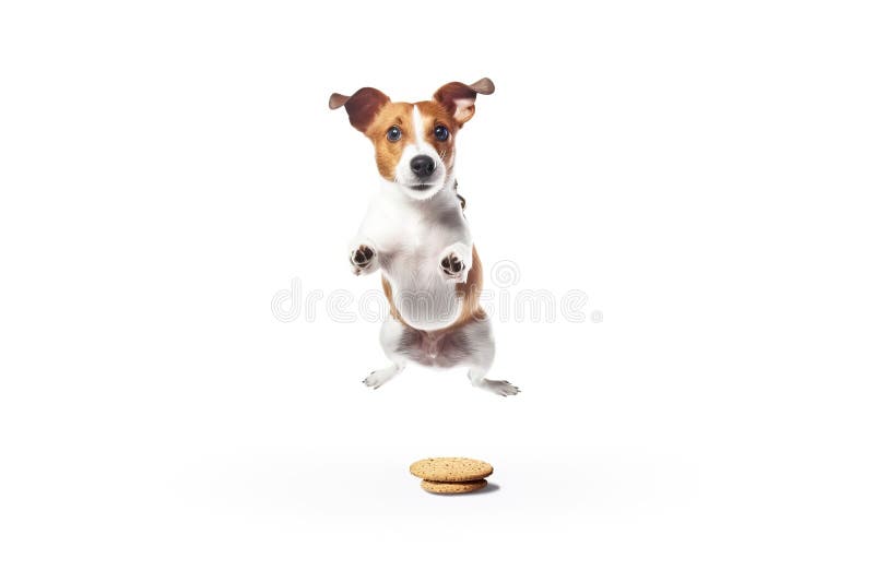 Ein fröhlicher Hund, der sich mit der Zunge nach Essen holt. weiße Hintergrundisolierung und Schließung. ai generiert. stockbilder