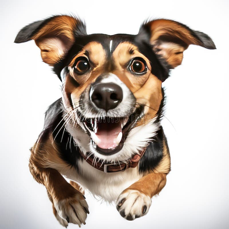Ein fröhlicher Hund, der sich mit der Zunge nach Essen holt. weiße Hintergrundisolierung und Schließung. ai generiert. stockfoto
