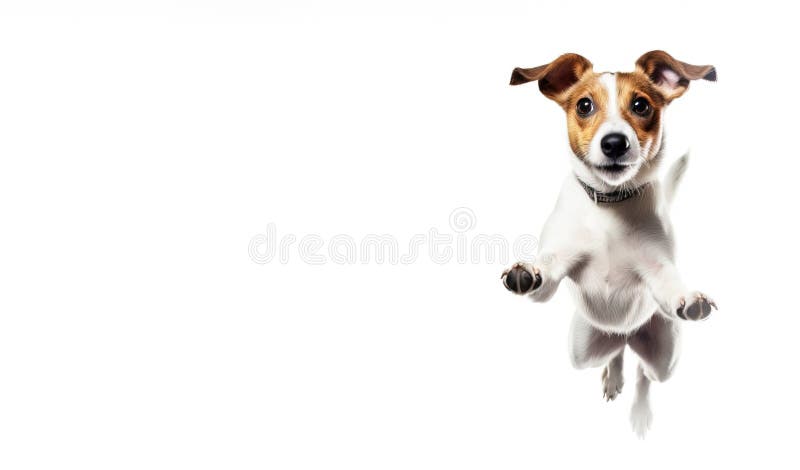 Ein fröhlicher Hund, der sich mit der Zunge nach Essen holt. weiße Hintergrundisolierung und Schließung. ai generiert. stockfotografie