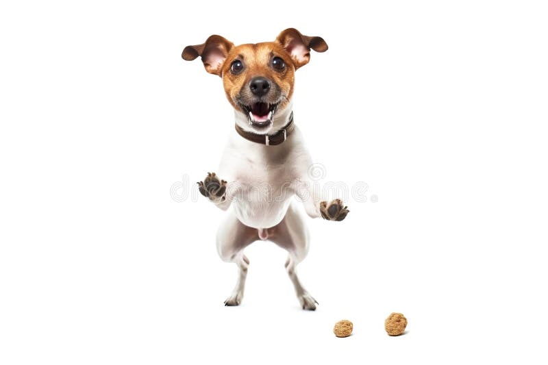 Ein fröhlicher Hund, der sich mit der Zunge nach Essen holt. weiße Hintergrundisolierung und Schließung. ai generiert. stockbilder