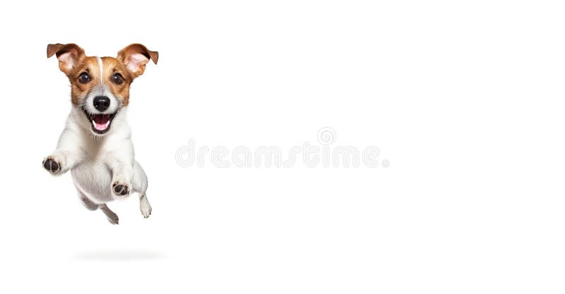 Ein fröhlicher Hund, der sich mit der Zunge nach Essen holt. weiße Hintergrundisolierung und Schließung. ai generiert. stockfotografie