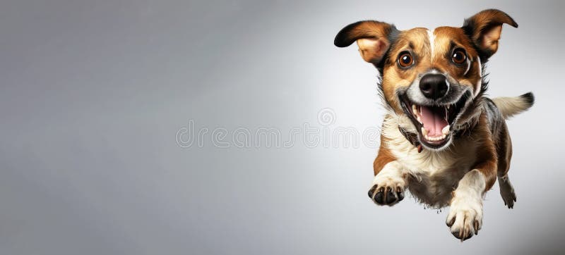Ein fröhlicher Hund, der sich mit der Zunge nach Essen holt. weiße Hintergrundisolierung und Schließung. ai generiert. stockbilder