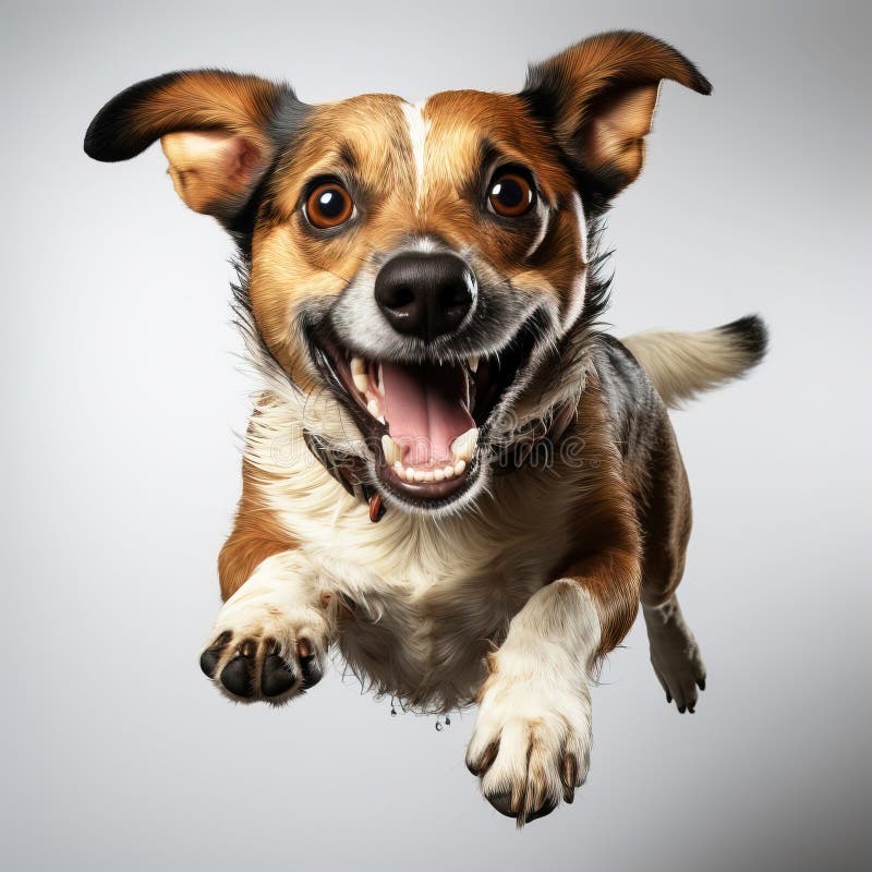 Ein fröhlicher Hund, der sich mit der Zunge nach Essen holt. weiße Hintergrundisolierung und Schließung. ai generiert. stockfoto