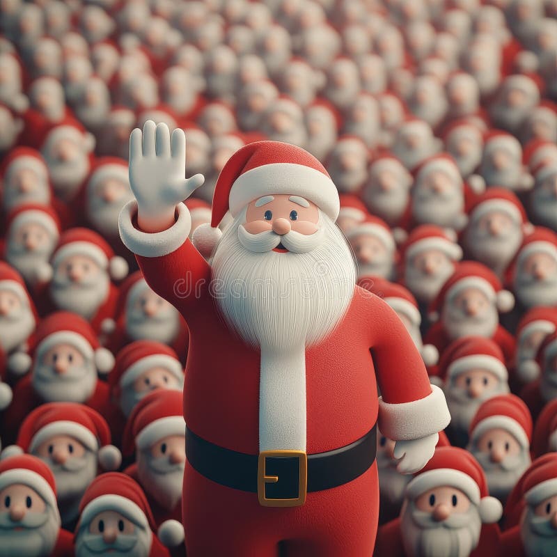 Ein fröhlicher santa claus wellen vor vielen identischen figuren, die eine festliche und skurrile urlaubsszene schaffen stock abbildung
