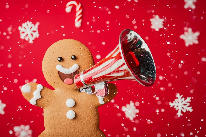 Ein fröhlicher Weihnachtsmann mit einem glänzenden roten Megaphon, umgeben vom Fallen lizenzfreie stockfotos