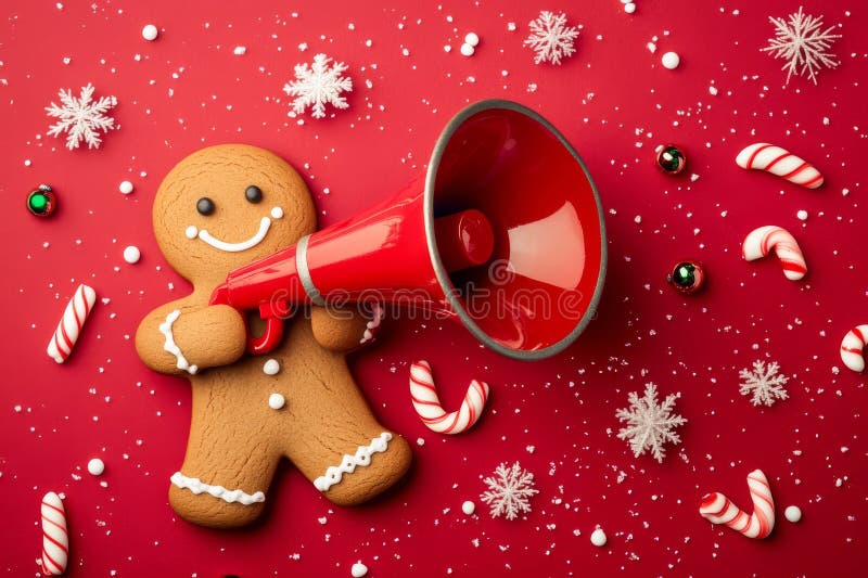 Ein fröhlicher Weihnachtsmann mit einem glänzenden roten Megaphon, umgeben vom Fallen lizenzfreies stockfoto