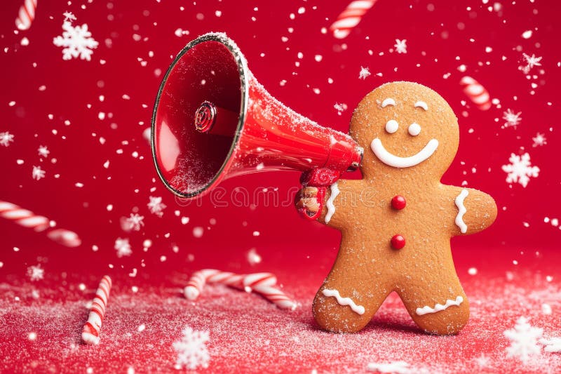 Ein fröhlicher Weihnachtsmann mit einem glänzenden roten Megaphon, umgeben vom Fallen lizenzfreie stockfotografie