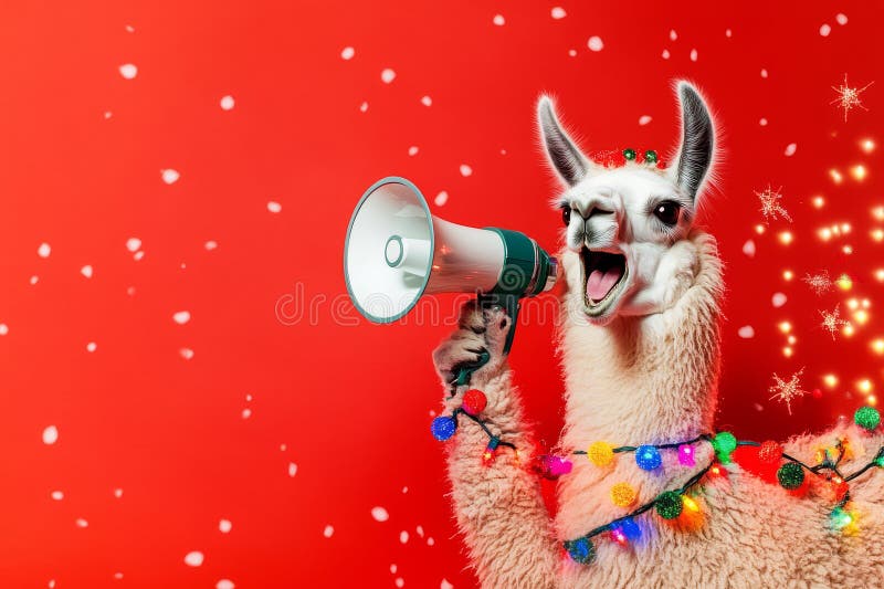 Ein fröhliches Lama mit einem Megaphon, umgeben von festlichen Lichtern und schneebedeckten Dekorationen auf einem lebhaften stockfoto