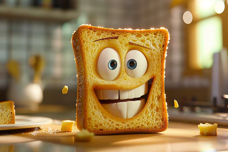 Ein fröhliches Stück Brot auf dem Küchentisch mit Cartoon Augen Tageslicht. für Butterbrot. ai generiert