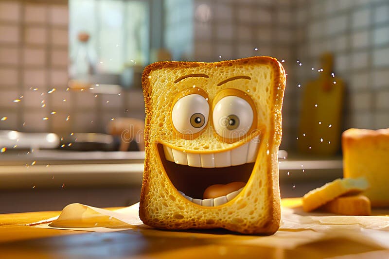 Ein fröhliches Stück Brot auf dem Küchentisch mit Cartoon Augen Tageslicht. für Butterbrot stockbilder