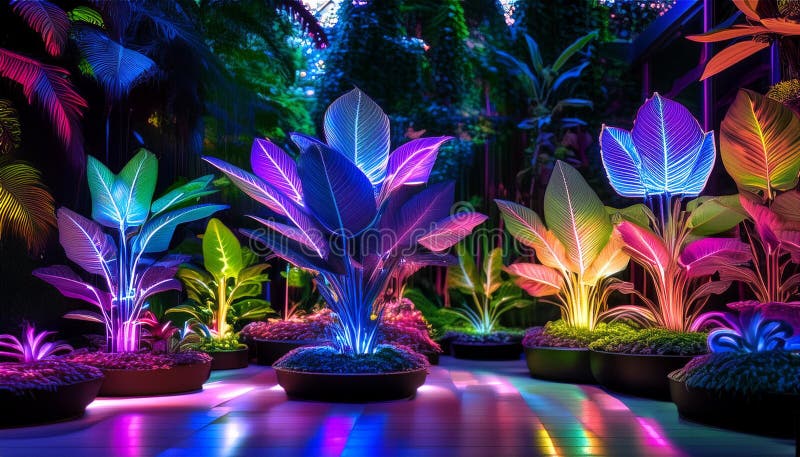 Ein futuristischer Garten, in dem Pflanzen elektrische Blätter haben, die in verschiedenen Farben leuchten und eine lebendige Dars stockfotografie