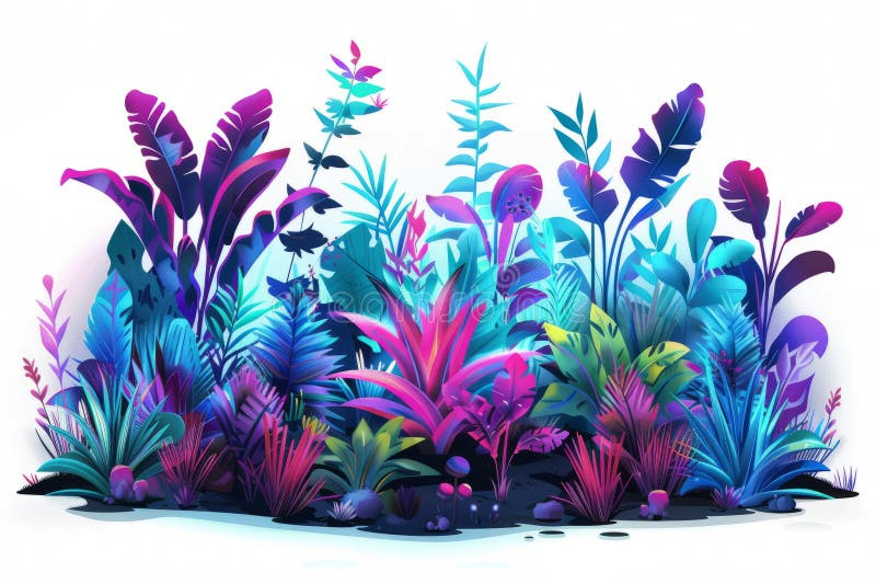 Ein futuristischer Garten mit blühenden, neonleuchten Pflanzen und Blumen, die sich auf weißem Grund befinden. lizenzfreies stockfoto