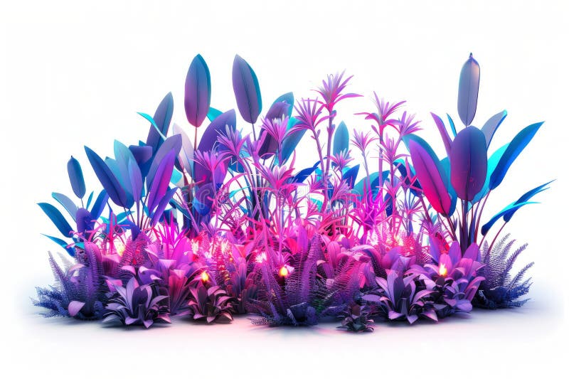 Ein futuristischer Garten mit blühenden, neonleuchten Pflanzen und Blumen, die sich auf weißem Grund befinden. lizenzfreie stockfotografie
