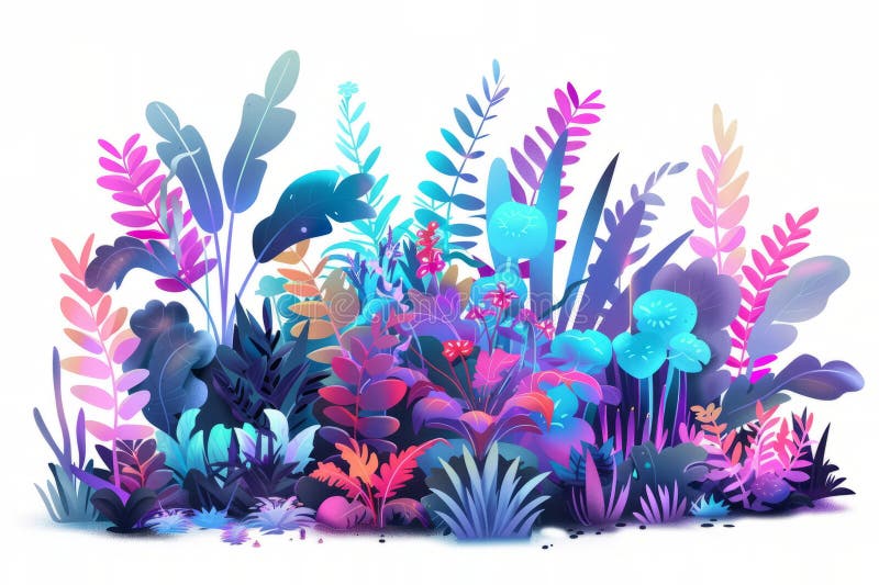 Ein futuristischer Garten mit blühenden, neonleuchten Pflanzen und Blumen, die sich auf weißem Grund befinden. stockbilder