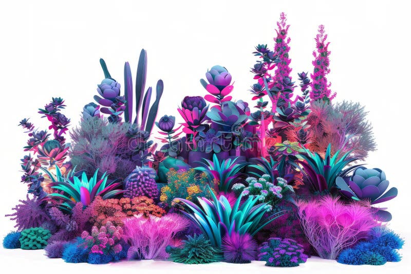 Ein futuristischer Garten mit blühenden, neonleuchten Pflanzen und Blumen, die sich auf weißem Grund befinden. stockfotos