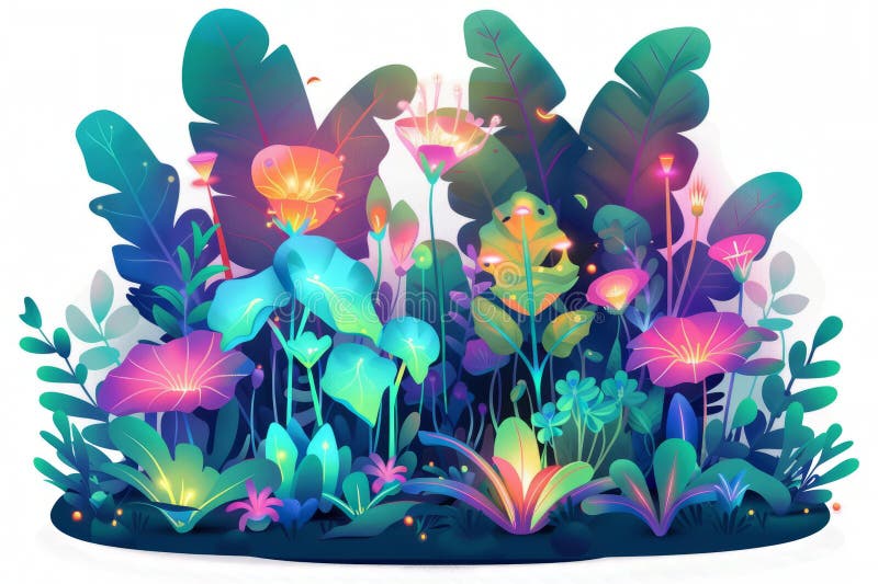 Ein futuristischer Garten mit blühenden, neonleuchten Pflanzen und Blumen, die sich auf weißem Grund befinden. lizenzfreie stockbilder