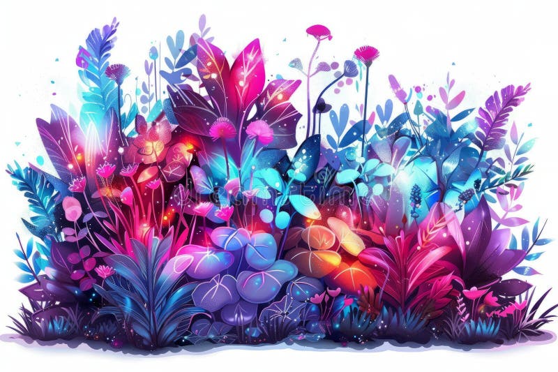Ein futuristischer Garten mit blühenden, neonleuchten Pflanzen und Blumen, die sich auf weißem Grund befinden. lizenzfreie stockfotografie