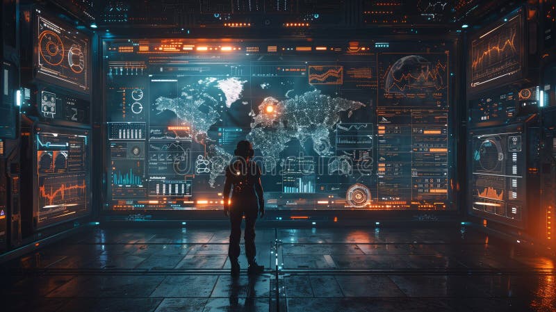 Ein futuristischer Hacker, der globale Daten auf mehreren Bildschirmen beobachtet stockbilder