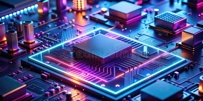 Ein futuristischer Mikrochip, der mit Neonlicht auf einer komplexen Platine leuchtet. Generative AI stock abbildung