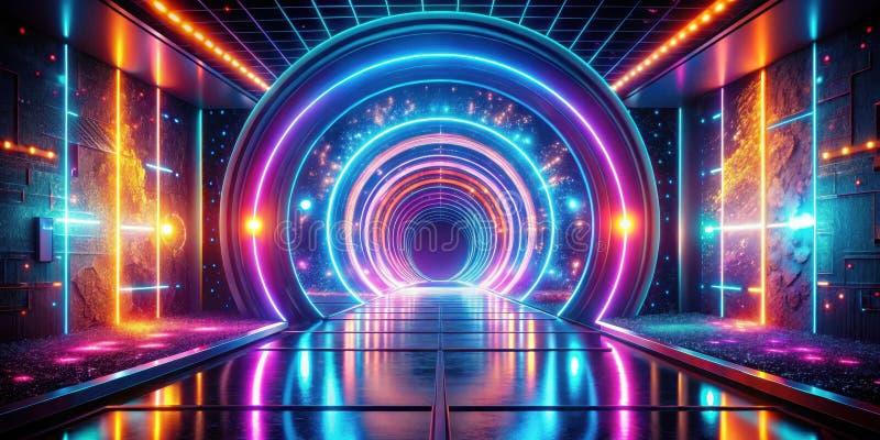 Ein futuristischer Neonkorridor mit lebhaften Kreislichtern und einem reflektierenden Boden, der zu einem geheimnisvollen Ziel füh vektor abbildung