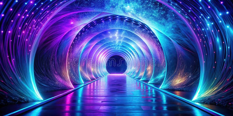 Ein futuristischer Neontunnel mit leuchtenden Ringen und glitzernden kosmischen Staubeffekten. Generative AI stock abbildung