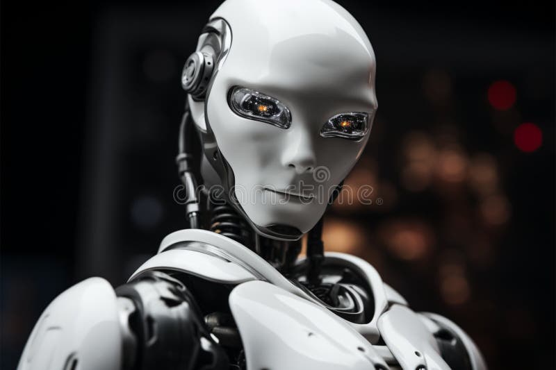 Ein futuristischer Roboter nimmt in einer Graustufen-Komposition den Mittelpunkt vektor abbildung