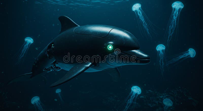Ein futuristischer robotischer Delphin unter Wasser erzeugt stock abbildung