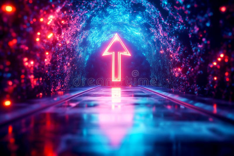 Ein futuristisches digitales Umfeld mit einem 3D-Pfeil, der durch einen glühenden Tunnel nach oben schießt und die Beschleunigung stock abbildung