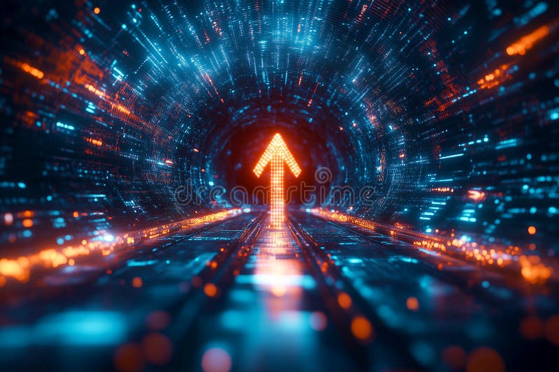 Ein futuristisches digitales Umfeld mit einem 3D-Pfeil, der durch einen glühenden Tunnel nach oben schießt und die Beschleunigung stock abbildung