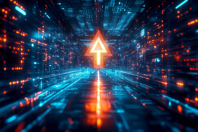 Ein futuristisches digitales Umfeld mit einem 3D-Pfeil, der durch einen glühenden Tunnel nach oben schießt und die Beschleunigung stock abbildung