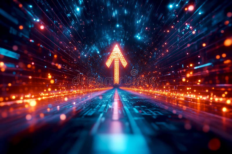 Ein futuristisches digitales Umfeld mit einem 3D-Pfeil, der durch einen glühenden Tunnel nach oben schießt und die Beschleunigung stock abbildung