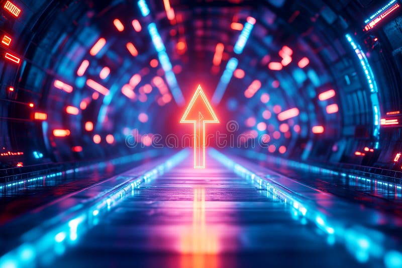 Ein futuristisches digitales Umfeld mit einem 3D-Pfeil, der durch einen glühenden Tunnel nach oben schießt und die Beschleunigung stock abbildung