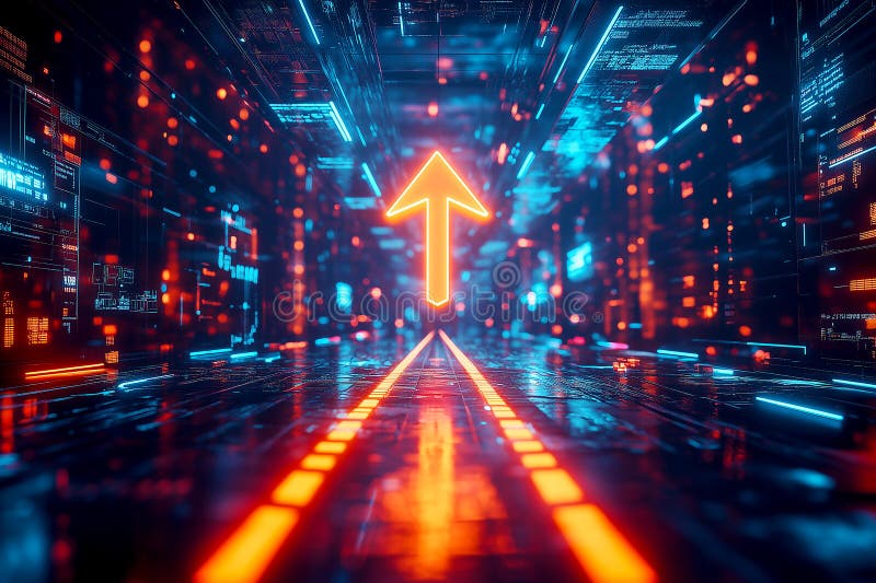Ein futuristisches digitales Umfeld mit einem 3D-Pfeil, der durch einen glühenden Tunnel nach oben schießt und die Beschleunigung stock abbildung