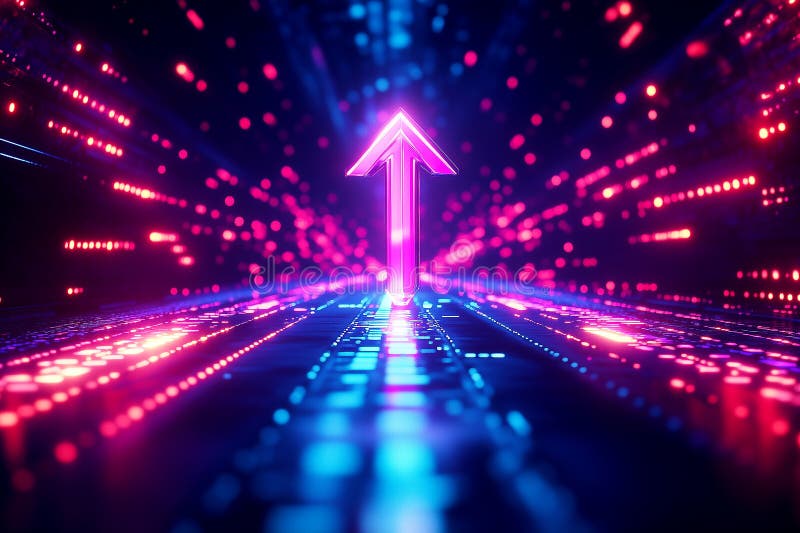 Ein futuristisches digitales Umfeld mit einem 3D-Pfeil, der durch einen glühenden Tunnel nach oben schießt und die Beschleunigung stock abbildung