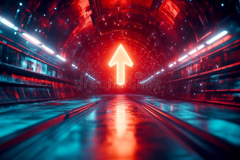 Ein futuristisches digitales Umfeld mit einem 3D-Pfeil, der durch einen glühenden Tunnel nach oben schießt und die Beschleunigung stock abbildung