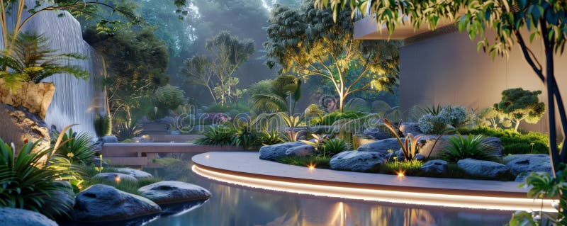 Ein futuristisches Gartendesign mit intelligenten Bewässerungssystemen automatischer Beleuchtung und einer Mischung exotischer. Ein futuristisches Gartendesign mit intelligenten Bewässerungssystemen, automatischer Beleuchtung und einer Mischung exotischer und einheimischer Pflanzen für eine hochtechnologische Ästhetik. ai generiert