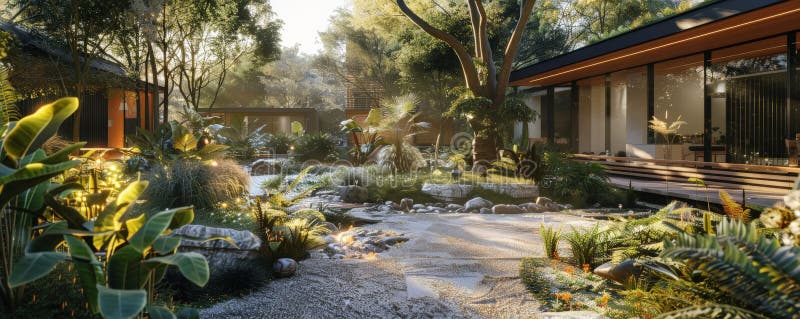 Ein futuristisches Gartendesign mit intelligenten Bewässerungssystemen automatischer Beleuchtung und einer Mischung exotischer stockfotos