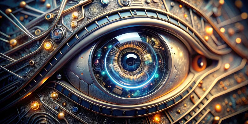 Ein futuristisches mechanisches Auge, das ein komplexes robotisches Sehsystem mit Ornamenten detailliert abschließt. Generative AI stock abbildung