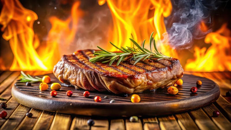 Ein gegrilltes Steak, gewürzt mit aromatischen Kräutern, steht auf einem rustikalen Holzbrett, das vor einem Hintergrund lebendige vektor abbildung