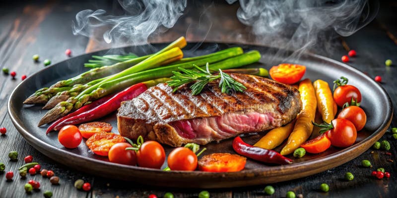 Ein gegrilltes Steak mit lebendigem, geröstetem Gemüse und aromatischen Kräutern auf einer rustikalen, dunklen Platte. Generative stock abbildung