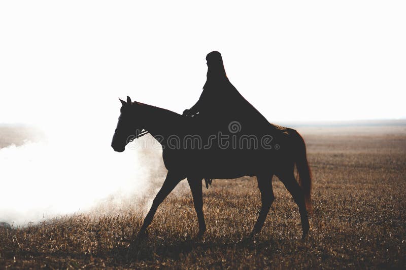 Ein geheimnisvolles Pferd auf einem Pferd geht durch den dicken Rauch lizenzfreies stockbild