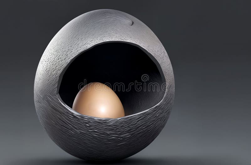 Ein gelbbraunes Hühnereier in einer futuristischen Platte oder einem Gefäß auf dunkelschwarzem Hintergrund mit weichem Licht in de lizenzfreie stockbilder