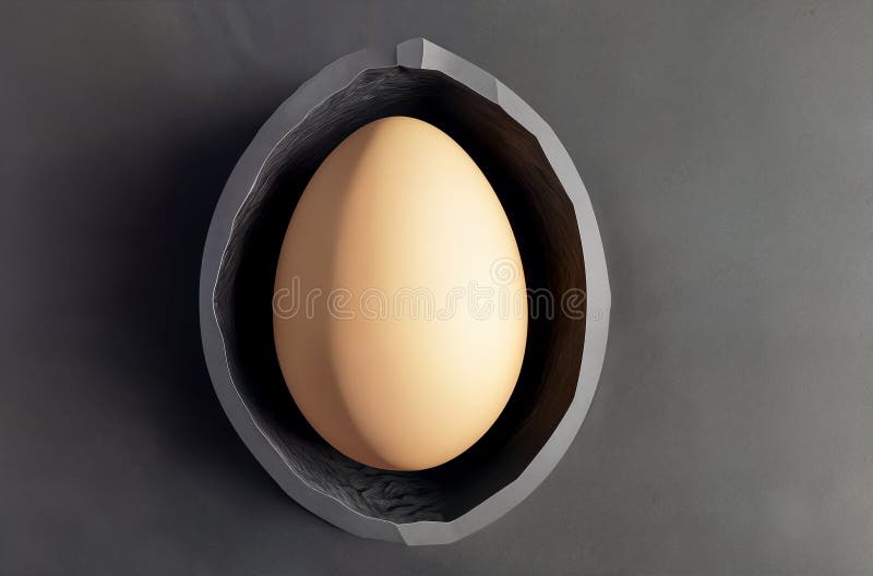 Ein gelbbraunes Hühnereier in einer futuristischen Platte oder einem Gefäß auf dunkelschwarzem Hintergrund mit weichem Licht in de stockfoto